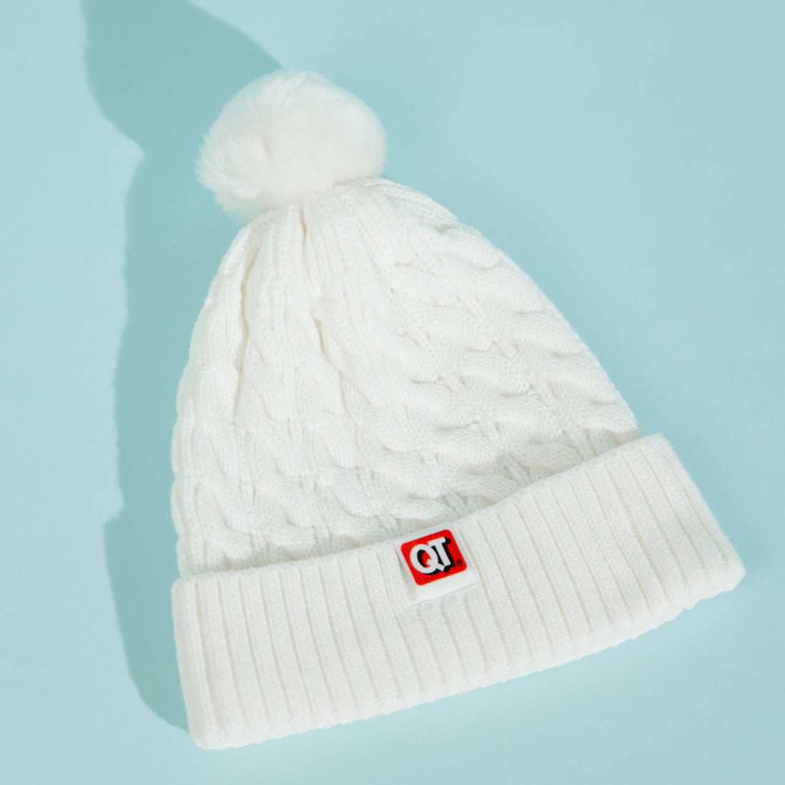 QT White Cable Knit Beanie