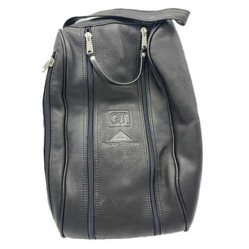 Black Leather Shoe Bag with QT and Folds of Honor embossed logos